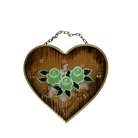 Vintage Wooden Heart Green Roses Key Hook 7" Wide x 6 3/4" High Cottagecore - Picture 3 of 6